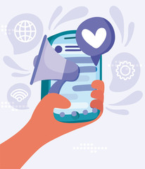 Hand holding smartphone of social media concept vector design