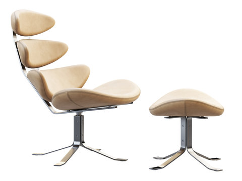 Mid-century Modern Beige Leather Chair With Chromium Base. 3d Render.