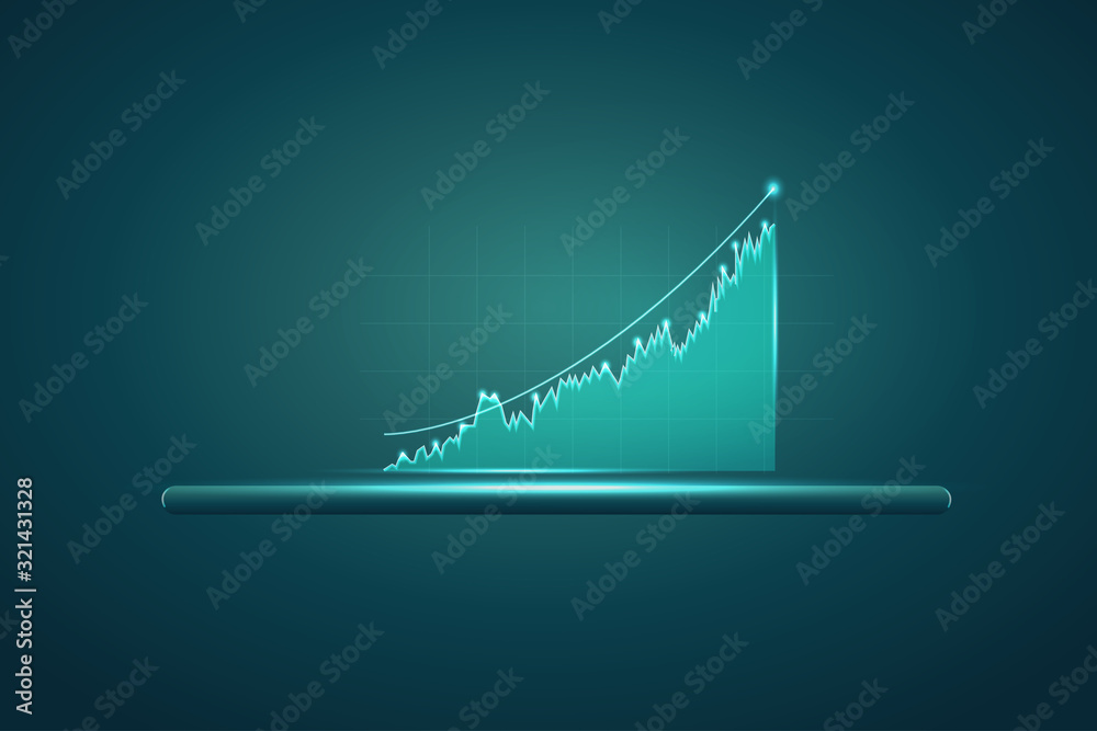 Aufkleber tablet showing holographic graphs and stock market statistics gain profits. vector illustration