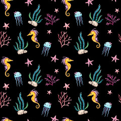 Seamless watercolor ocean cartoon  elements pattern on the black background. Watercolor seaweed, corals, crab, seashell, starfish, jellyfish, seahorse. Ocean elements. Ocean theme. Under the sea.
