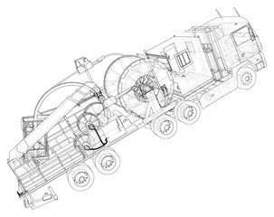 Obraz premium Wire-frame line coiled tubing truck isolated on white. Vector rendering of 3d.
