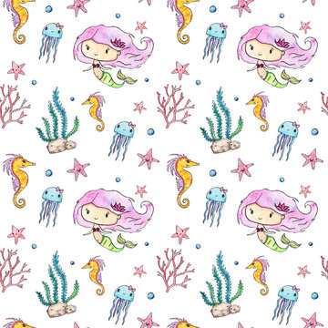 Seamless watercolor ocean cartoon  elements pattern on the white background. Watercolor Mermaid, corals, sea horse, seaweed, starfish, jellyfish. Ocean elements. Ocean theme. Under the sea.