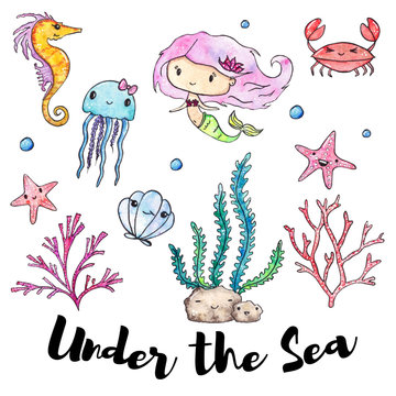 Watercolor ocean cartoon isolated elements set. Watercolor Mermaid, corals, crab, seaweed, seashell, starfish, jellyfish, sea horse. Ocean elements. Ocean theme. Under the sea.