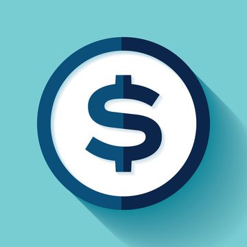 Dollar icon in flat style, coin on blue background. Business element. Vector design object for you project