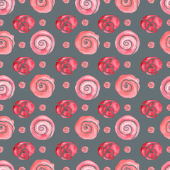 Seamless abstract pattern with geometric shapes for decoration interior, print posters, greeting card, geometric pattern for web. Pink pattern on a gray background.