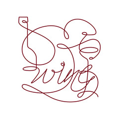 Contour drawing with a wine glass, a bottle, and lettering 