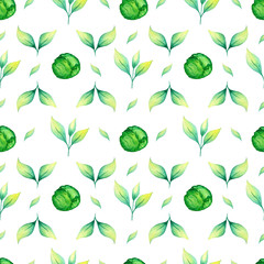 Seamless pattern with cabbage, herbs. Watercolor hand drawn illustration. Vegetarianism fresh food. Fresh vegetables, vegetable pattern. Design for textiles, packaging, fabrics, menus, restaurants, ca