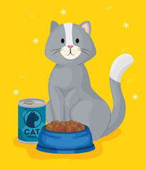 cute little cat with dish and can of food