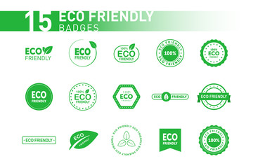 Collection of eco friendly green badges. Design element for packaging design and promotional material. Vector illustration.