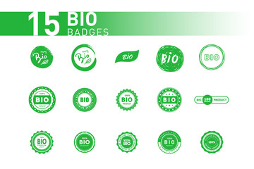 Collection of bio badghes. Design element for packaging design and promotional material. Vector illustration.