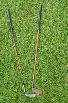 Hickory Shafted Vintage Golf Clubs Isolated Outdoors Image With Copy Space