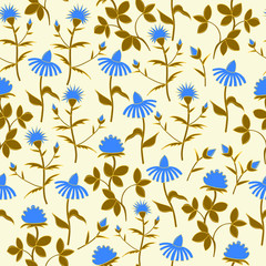 Seamless patterns of wildflowers isolated on warm light background color. Botanical floral decor texture. Vintage style design for print fabric, background wallpaper