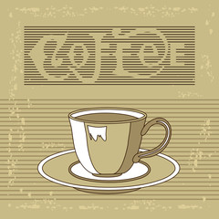 Beige cup on aged striped background with calligraphic inscription Coffee, color vector illustration in vintage style