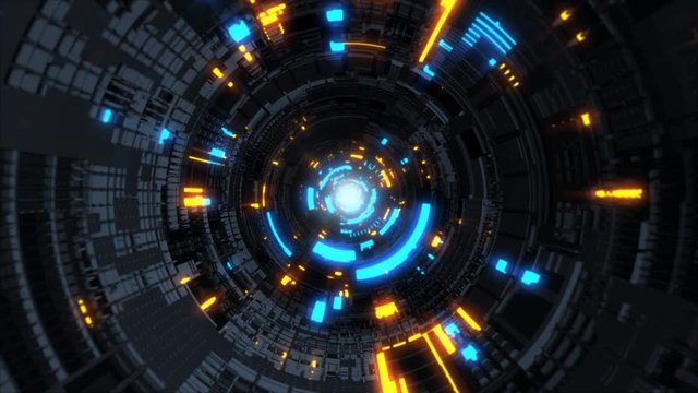 Futuristic Science Fiction Glowing Spaceship Tunnel Fly Through - 4K Seamless Loop Motion Background Animation