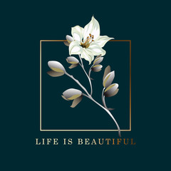Life is beautiful postcard. Poster with lily flower and frame, positive motivation card, vector illustration.