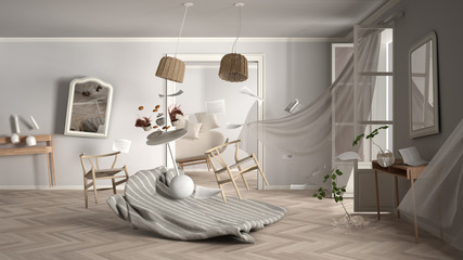 Living room, home chaos concept with chairs and table, carpet, windows and curtains, broken vase, mirrors, furniture and other accessories flying in the air, explosion, gust of wind