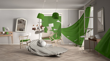 White and green living room, home chaos concept with chairs and table, windows and curtains, broken vase, furniture and other accessories flying in the air, explosion, gust of wind