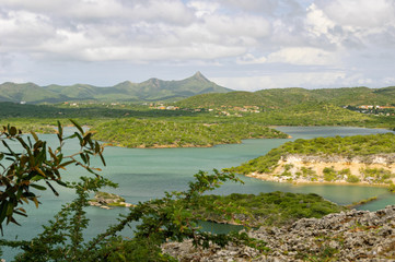 View over Santa Martha Bay in Curacao with Mount Christoffel in the background