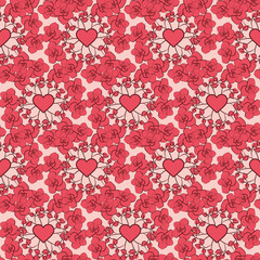 Pink roses and hearts ornament seamless vector pattern. Love and romance surface print design. Great for wedding and valentines gift wrap, cards and invitations.