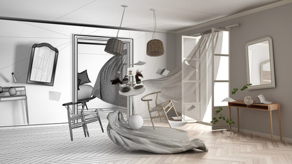 Architect interior designer concept: unfinished project that becomes real, living room, chaos concept with furniture and other accessories flying in the air, explosion, gust of wind