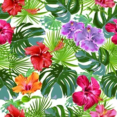 Foto auf Acrylglas Large leaves of tropical plants with hibiscus flowers. Decorative composition on a white background. Bright picture. Floral motifs. Seamless patterns. Use printed materials, signs, objects. © Анастасия Яркова