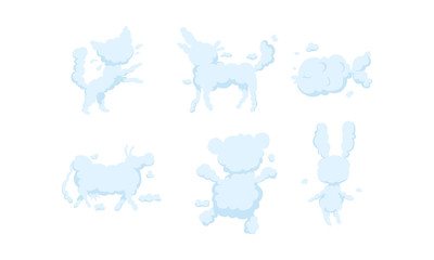 White Clouds in the Shape of Different Animals Collection, Cat, Dog, Fish, Bull, Bear, Hare Vector Illustration