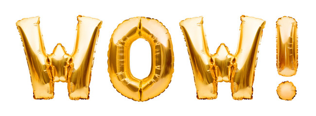 Golden sign WOW made of inflatable balloon isolated on white background. Foil balloon letters,...