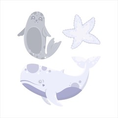 Vector sea animal. Whale, fur seal. starfish. Cartoon illustration of marine life objects for your design. Isolated elements for kids book decoration, postcard, educational game, sticker.