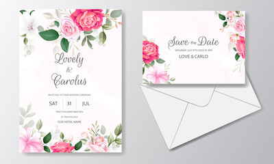 beautiful wedding invitation floral watercolor and green leaves