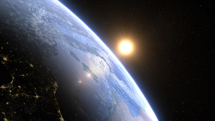 Naklejka premium Beautiful view from space of the Sun rising over Planet Earth. Elements of this 3D illustration were furnished by NASA.