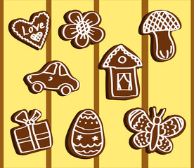 Various gingerbread cookies on a background. Collection. Vector illustration