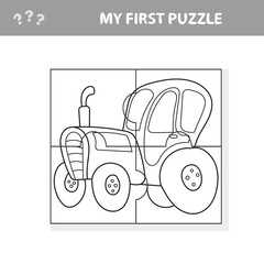 Cartoon Vector Illustration of Education Puzzle Game for Preschool Children with Funny Tractor Machine Character - My first puzzle and coloring book