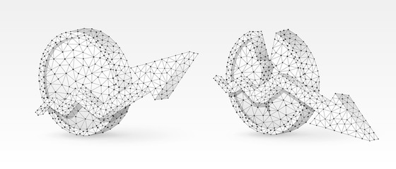 Set of Growth and downtrend arrows on a blank and broken coin. Unstable finance, broken circle, market trend concept. Abstract, polygonal image on white background. Low poly 3d vector illustration