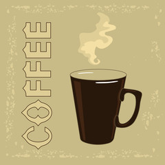 brown mug on aged beige background with calligraphic inscription Coffee, color vector illustration in vintage style