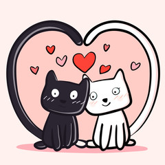 Happy Valentines Day with couple cats black and white colors, Valentines card and poster