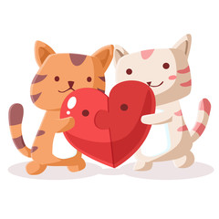 Happy Valentines Day of couple cat with jigsaw heart, Valentines card and poster