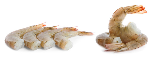 Set of fresh raw shrimps on white background