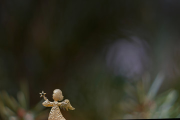 Christmas celebration card with a golden angel in front of a green background with colourful christmas reflections