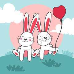 Happy Valentines Day of couple bunny with balloon, Valentines card and poster