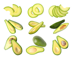 Set of delicious fresh avocados on white background, top view