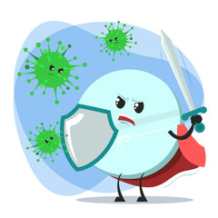 Brave tablet with sword and shield fights with virus and bacteria