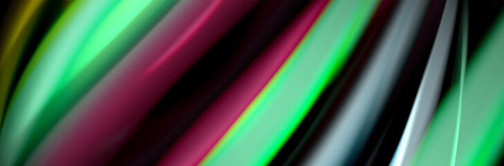 Silk and smooth flow wave poster design. Color waves, liquid style lines and shapes in black color background