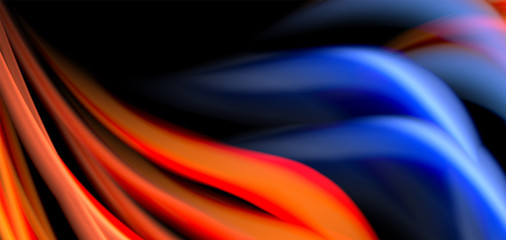 Abstract silk smooth lines on black, multicolored liquid fluid rainbow style waves on black