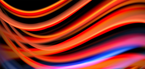 Abstract silk smooth lines on black, multicolored liquid fluid rainbow style waves on black