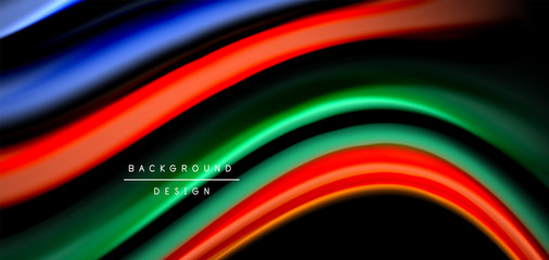 Abstract silk smooth lines on black, multicolored liquid fluid rainbow style waves on black