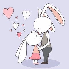 Couple bunny feeling in love, Greeting card vector illustration, Valentines Day postcard