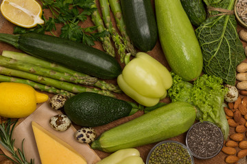 Set of healthy food: cheese, green vegetables, nuts and seeds