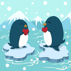 Couple penguin holding heart, Greeting card vector illustration, Valentines Day postcard