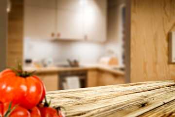 Desk of free space and kitchen interior 