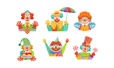 Obraz premium Funny Clowns Collection, Cheerful Circus Cartoon Characters, Birthday or Carnival Party Design Element Vector Illustration